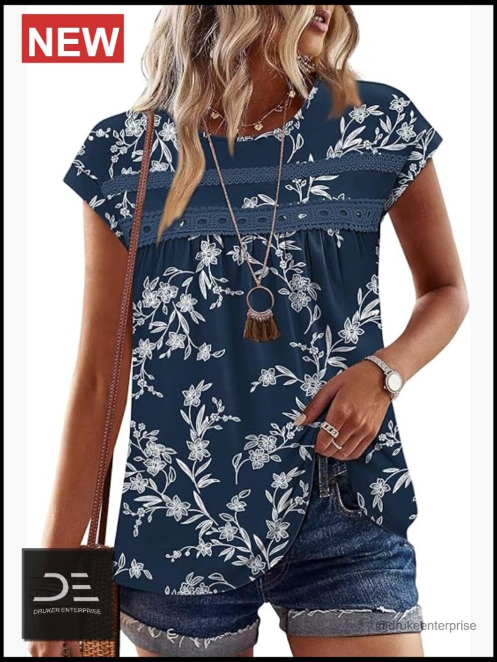 Lace Crochet Cap Sleeve Crew Neck Loose Fit Summer Blouse